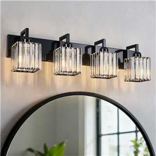 FDPBY Modern Bathroom Vanity Light 4-Lights Plating Black Vanity Light Crystal Wall Light Bathroom Light Fixtures