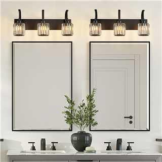 FDPBY 3-Light Crystal Vanity Light, Modern Black Bathroom Wall Sconce with K9 Crystal Shades, 23.62" Long Over Mirror Lighting for Vanity, Makeup, Hallway, Elegant & Durable