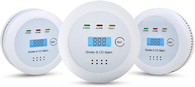 2 in1 Smoke Detector Carbon Monoxide Detector Combo,with LCD Digital Display and Sound Warning Test Button，Battery Powered，Easy Installation, for Home, Bedroom, Kitchen (3PACKS)