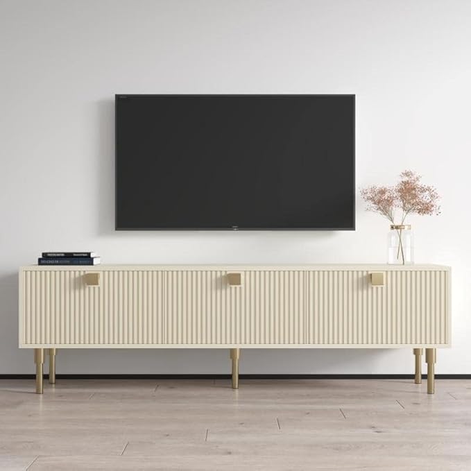 Meble Furniture Dorset 01 TV Stand - Modern Rectangular TV Stand with Storage Cabinets - Media Entertainment Center Console Table for TV Up to 80" - Magnolia