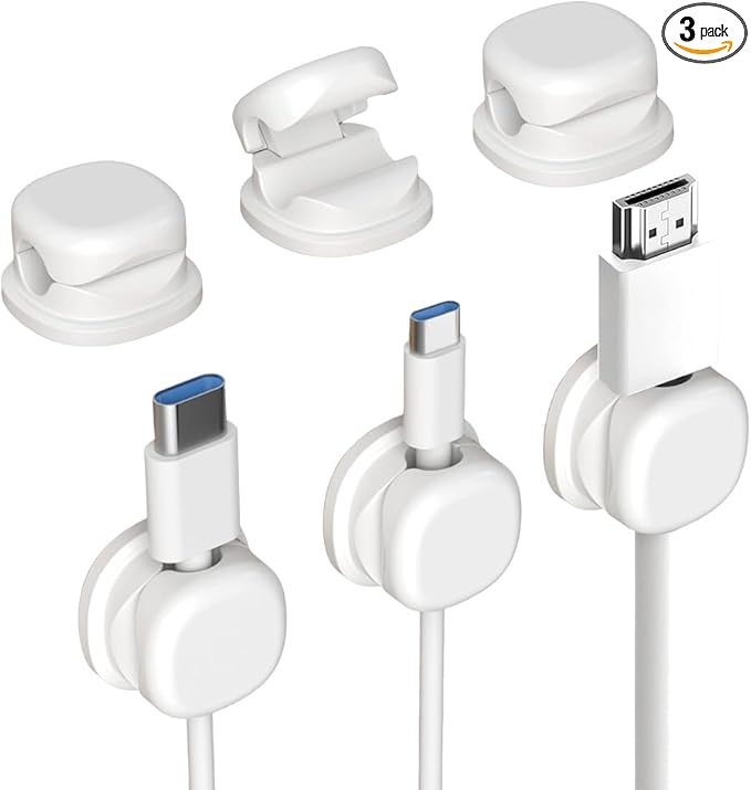 Magnetic Cord Organizer Holder, Upgrade Cord Holder for Nightstand, Adhesive Wire Cable Clips Management Kit for Phone Charger, Computer, Home, Office, Desk, Nightstand (White, 3 Packs)