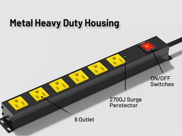 Heavy Duty 6 Outlet Metal Long Power Strip, 2700J Surge Protector with 15A Circuit Breaker, 15FT Extension Cord, Wall Mount for Garage, Workshop & Industrial Use, Wide Spaced (15ft)
