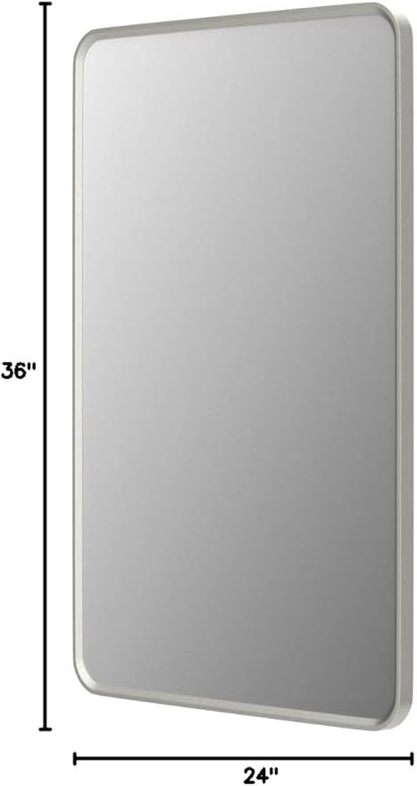 24x36 Inch Silver Framed Mirror, Silver Bathroom Vanity Mirror for Wall, Brushed Nickel, Rounded Rectangle Mirror, Shatterproof, Anti-Rust (Horizontal/Vertical)