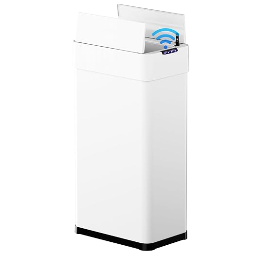 TLSUNNY 16 Gallon Automatic Trash Can, Stainless Steel Motion Sensor Garbage bin, Smart Trash Can W/Butterfly Lid, Bag Retainer Ring and Display Light for Living Room,Kitchen,Office (White, 60L)