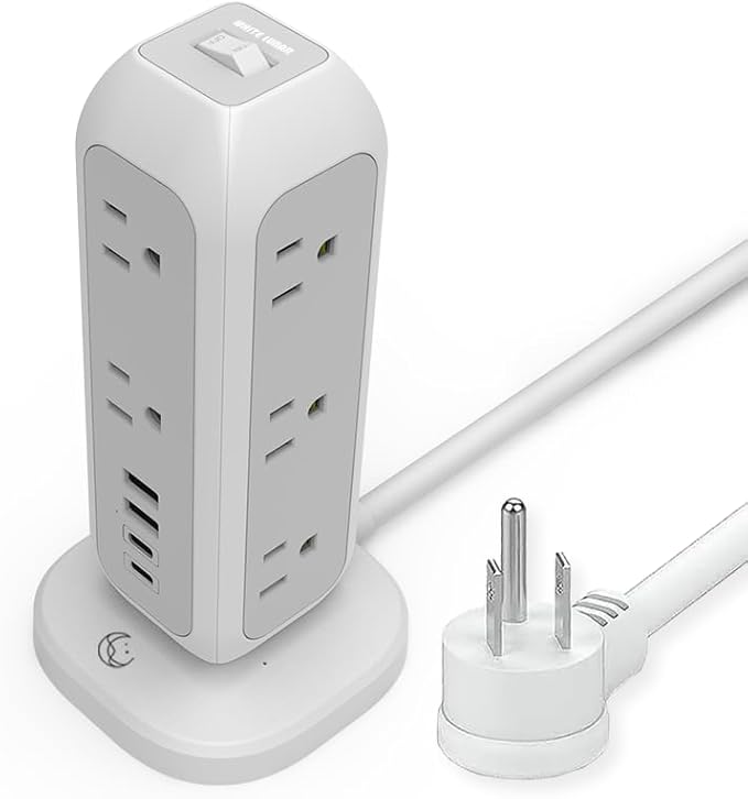 [White Lunar] Power Strip Tower with Surge Protector – 11 AC Outlets, 4 USB Ports (2 USB-A & 2 USB-C), 6ft Heavy-Duty Flat Plug Extension Cord for Home, Office & Dorm Essentials