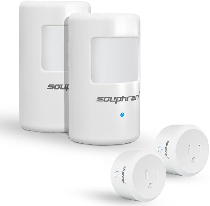 Souphran Plug-in Wireless Motion Activated Light Control, No Wiring, Adjustable Detection Range, Always-on Timer and Light Sensor, Motion Detector and Plug Set, 2 Pack