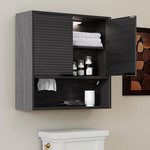 Wall Mounted Bathroom Cabinet with Motion Sensor LED Light & Tissue Dispenser, Modern Black Medicine Cabinet Over Toilet with Fluted Door, Adjustable Shelf for Skincare & Makeup Storage