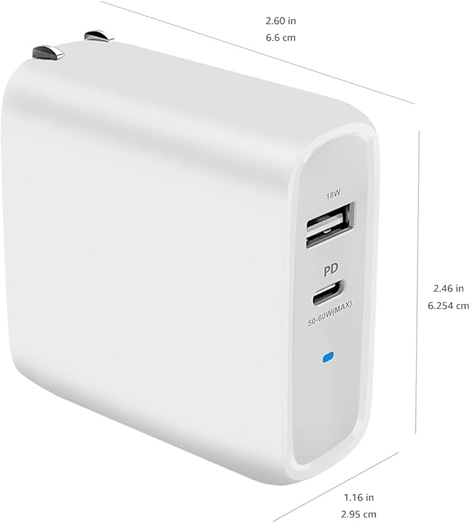 Amazon Basics 68W Two-Port GaN Wall Charger with 1 USB-C (60W) & 1 USB-A Ports (18W) with PD for Laptops, Tablets & Phones (iPhone 16/15/14/13/12/11/X, iPad, MacPro, Samsung, and more), Non-PPS, White