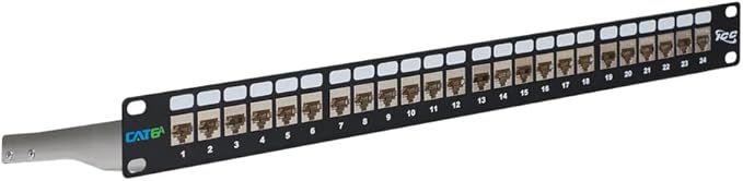ICC 24-Port CAT6A Keystone Shielded 1U Patch Panel with CAT6A Shielded Keystone Jacks, 19” Rackmount Housing and Cable Support Bar, Protects Against EMI, UL Listed PoE++ Compliant, ICMPP246AS