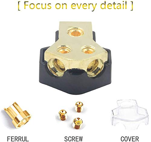 RKURCK Power Distribution Block, 2 Way 0/2/4 AWG Gauge in, 4/8/10 Gauge Out, 2 Way Car Audio Stereo Amp Distribution Connecting Block for Audio Splitter (1 in 2 Out) with Screw Sets 2 Pack
