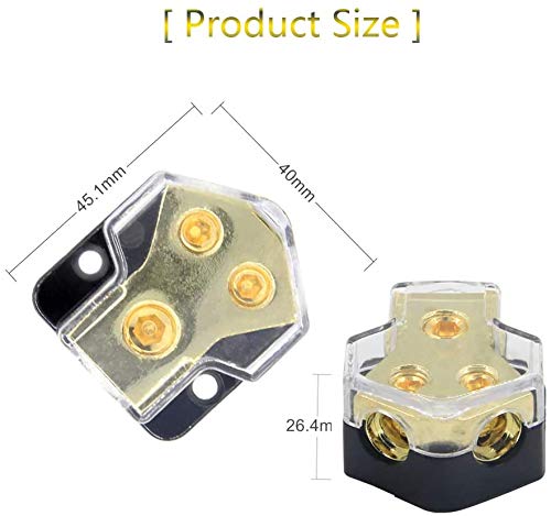 RKURCK Power Distribution Block, 2 Way 0/2/4 AWG Gauge in, 4/8/10 Gauge Out, 2 Way Car Audio Stereo Amp Distribution Connecting Block for Audio Splitter (1 in 2 Out) with Screw Sets 2 Pack
