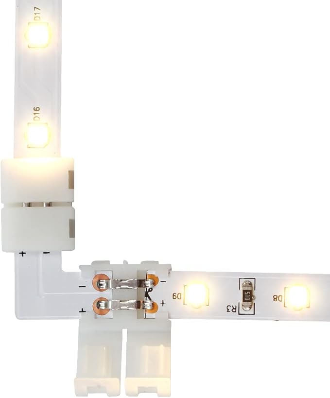 LightingWill 10pcs Pack L Shape Solderless Snap Down 2Conductor LED Strip Connector for Right Angle Corner or 90 Degree Connection of 8mm Wide 3528 2835 Single Color Flex LED Strips