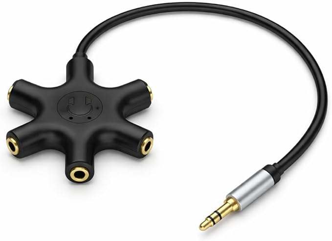Mizi 5-Way 3.5mm Headphone Splitter - Stereo Audio Adapter with 1 Male to 5 Female Jacks, Gold-Plated Connectors, Compatible with iPhone, iPad, Smartphones, Tablets, MP3 Players - Black