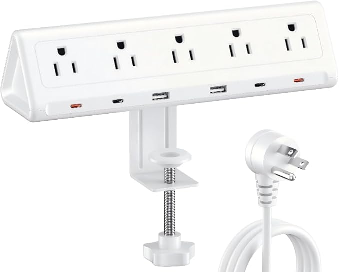 10 FT Desk Clamp Power Strip with 5 AC Outlets & 6 USB Ports PD 40W USB-C Fast Charging, 1250J Surge Protector, Fits 2.1 in top Edge White