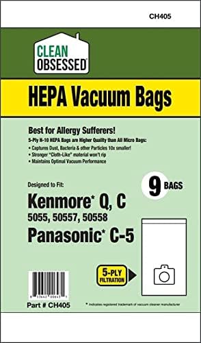 Clean Obsessed H-10 HEPA Bags Replacement For Kenmore Canister C/Q 50555, 50557, 50558 & Panasonic Type C-5 - (9 Bag Pack)