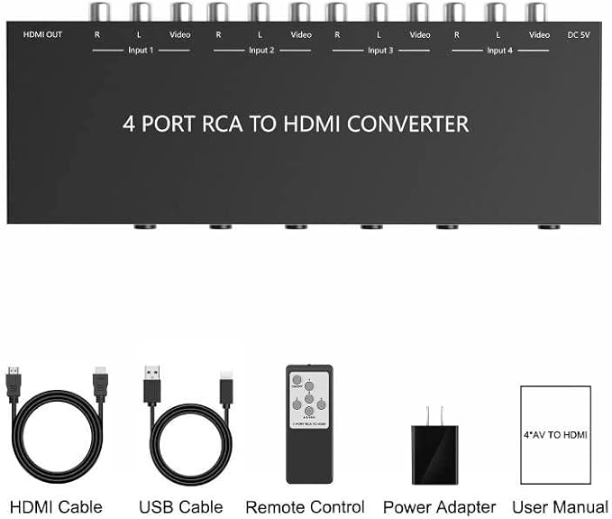 4 AV to HDMI RCA to HDMI Converter 1080P/720P 4 Way RCA Composite CVBS AV Switch to HDMI Converter Adapter Support 4:3/16:9 Switching For Sega Xbox PS1 PS2 PS3 N64 NGC SNES WII VHS VCR Camera DVD