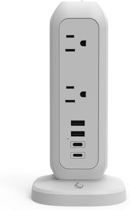 [White Lunar] Power Strip Tower with Surge Protector – 11 AC Outlets, 4 USB Ports (2 USB-A & 2 USB-C), 6ft Heavy-Duty Flat Plug Extension Cord for Home, Office & Dorm Essentials