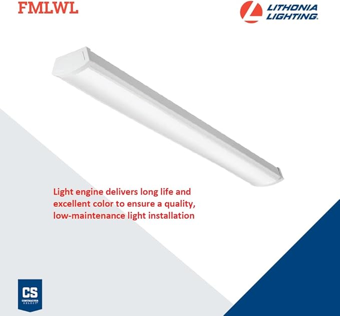 Lithonia Lighting 4 Foot LED Light Fixture, Low-Profile LED Wraparound Flush Mount Ceiling Light, 3500K Neutral White, 120V, 48-Inch (FMLWL 48 835)