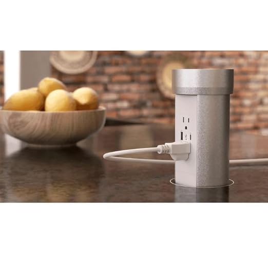 Kitchen Countertop Hidden Power Outlet w/USB, Motorized Pop Up, Custom Top Compatible (Silver, 15 Amp)