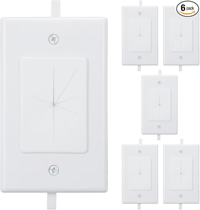 Kebulldola 1 Gang Cable Wall Plate Pass Through with Low Voltage Mounting Bracket, in Wall Grommet Kit Built in Flexible Rubber Passthrough for Low-Voltage Cable Easy Install, 6 Pack White