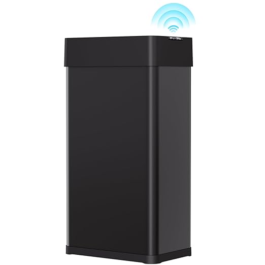 Arlopu 18.5 Gal Automatic Trash Can, 70 Stainless Steel Motion Sensor Garbage Bin, Touchless Brushed Wastebasket, W/Butterfly, Soft-Close Lid, for Living, Dinning Room, Kitchen ((Black)