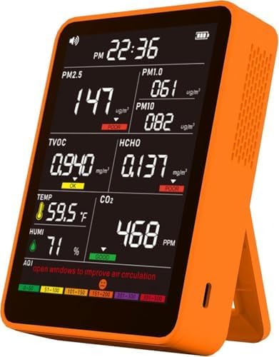 Professional Indoor Air Quality Monitor with AQI Alarms, Portable Real-Time Detector for Home Cars Plants and Pets (Amber Orange)