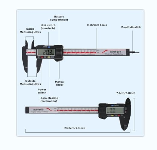 Simhevn Electronic Digital Caliper and Measuring Tape,6 Inch/150mm Digital Micrometer with Large LCD Screen, Easy Switch from Inch/mm，60 Inch/150cm Measuring Tape for All-Purpose Household