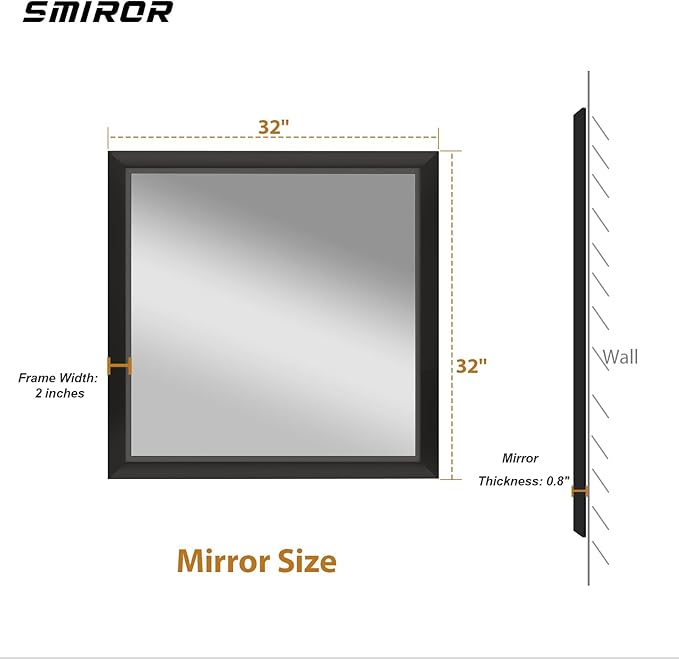 SMIROR Matte Black Bathroom Mirror for Over Sink 32x 32 inch, Metal Thick Frame Rectangle Vanity Mirror for Wall, Anti-Rust, Horizontally or Vertically Mounted