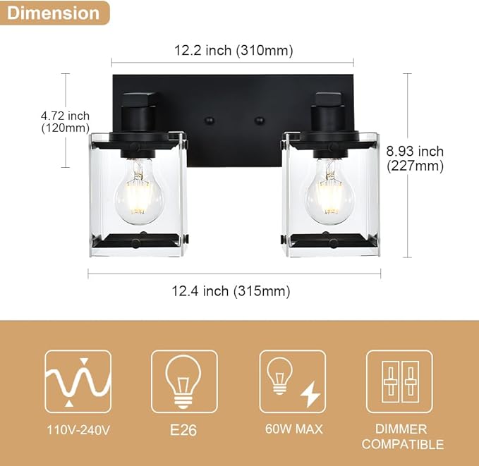 WINSHEN Black 2-Light Wall Sconce Bathroom Light Fixture, Rectangular Clear Glass Vanity Lighting Over Mirror, E26 Bulb Base