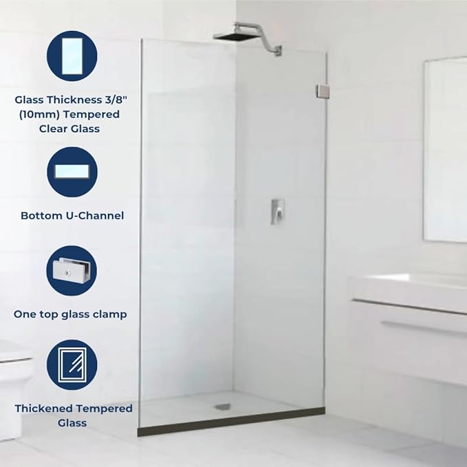 Custom Cut to Size 3/8" Shower Glass Panel - Frameless Fixed Bathroom Screen with Different Color Hardware – Tempered Glass Glass Door, Water-Resistant, Minimalist Design by Yana Glass and Mirror