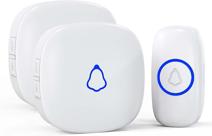 SECRUI Wireless Doorbell, Mini Door Bell with 58 Chimes 5 Volume Levels, 1 Waterproof Button 2 Plug in Receiver, White Doorbell with Led Blue light for Home/Classroom/Office