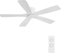 WINGBO 54" Flush Mount DC Ceiling Fans Without Lights, 5 Carved Solid Wood Blades, 6-Speed Reversible DC Motor, Low Profile Hugger Ceiling Fan No Lights for Living Room Bedroom Patio, Gloss White