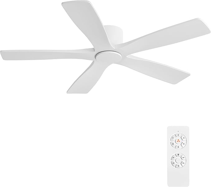 WINGBO 54" Flush Mount DC Ceiling Fans Without Lights, 5 Carved Solid Wood Blades, 6-Speed Reversible DC Motor, Low Profile Hugger Ceiling Fan No Lights for Living Room Bedroom Patio, Gloss White