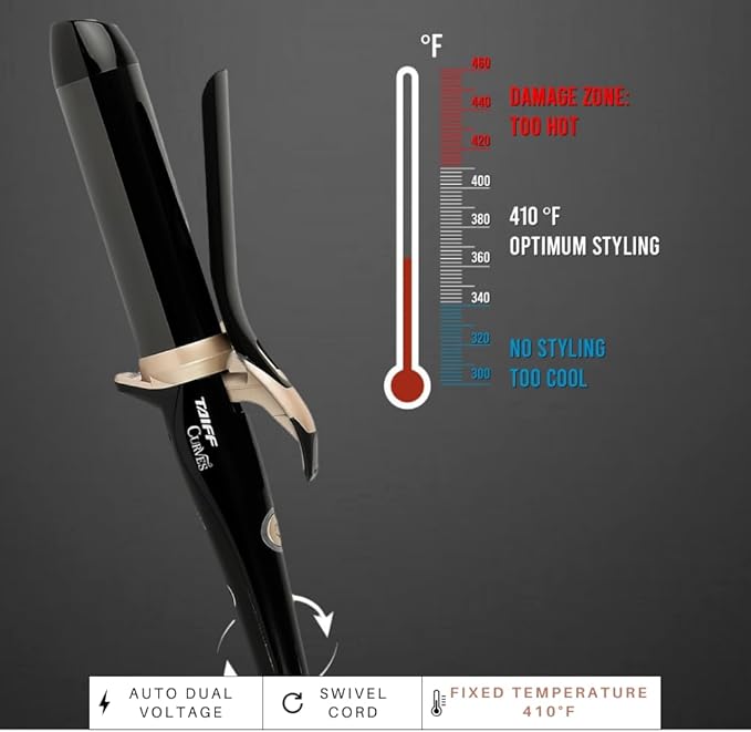 TAIFF Curves Professional Black Titanium Curling Iron – High-Performance Hair Curler & Rizadora para Cabello with Dual Voltage | Fixed Temperature 410°F | 1 1/2”