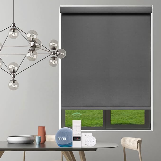 ZSHINE Motorized Blackout Window Blinds Customize Width Remote Control Wireless and Rechargeable Window Roller Shades for, Home, Office, Hotel, Club, Restaurant and Cinema(82133E-1)