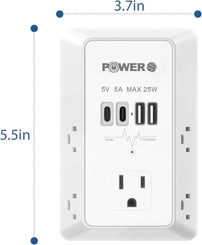 Electrical Outlet Extender with USB Ports (2C2A), Snug Wall Outlet, Surge Protector, Wall Plug Adapter for Multiple Devices, Wall Socket Expander