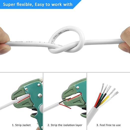 16 Gauge 5 Conductor Electrical Wire, 16.4FT White Stranded Low Voltage 16/5 Cable PVC Case, 16 AWG Tinned Copper 5 Wire Cable Extension Power Cable for Strips LED Lamp Lighting Automotive