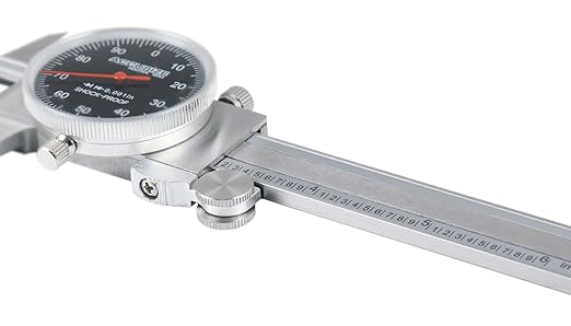 Accusize Industrial Tools 0-6" x 0.001" (Range x Resolution) Dial Caliper, Black Face Red Needle, Stainless Steel in Fitted Box, P920-B216