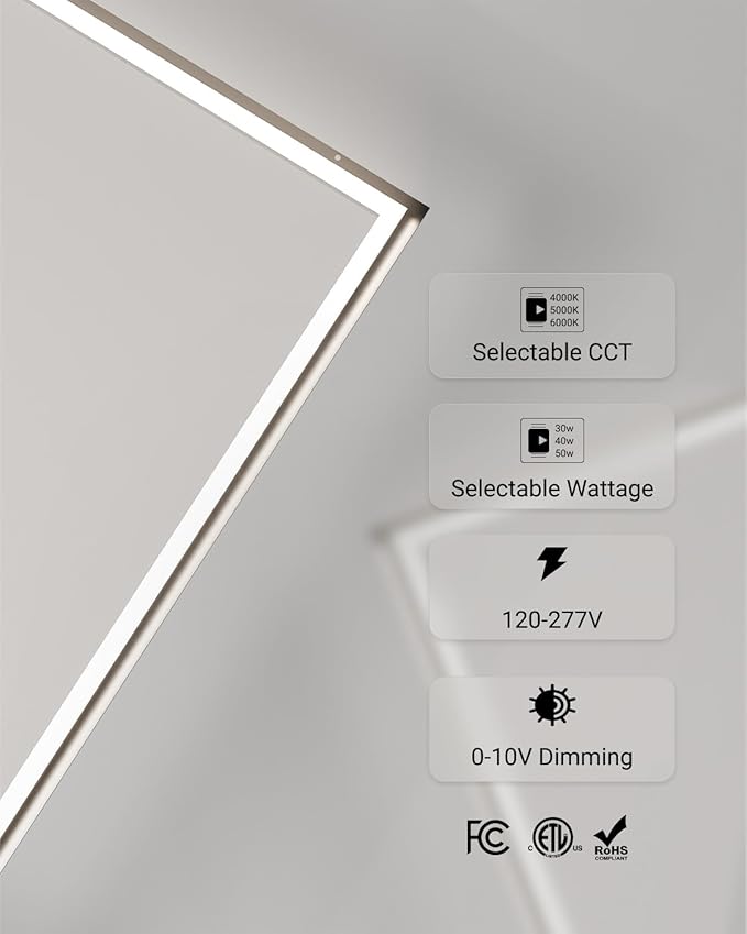 Sunco 10 Pack 2x4 Edge-Lit Frame LED Panel Lights, Drop Ceiling Flat Light Fixture, 5500 LM, Selectable Features, 30W/40W/50W, 4000K/5000K/6000K, Dimmable (0-10V) ETL