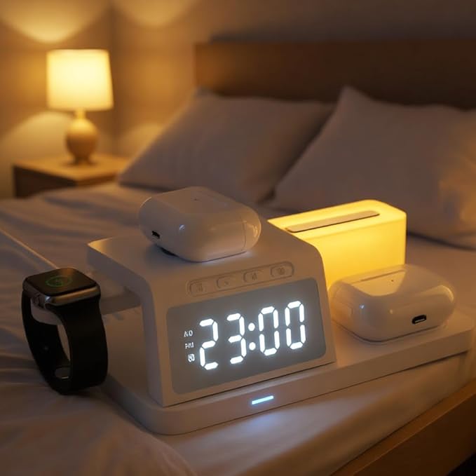 IHAO 6in1Digital Alarm Clock with Wireless Charging Station Night Light 15W Fast Charging for Qi Phone Headphone Bracket for iWatch LED Display Dimmable Brightness-HT309 White