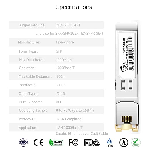 OPSTRAN 1000BASE-T SFP RJ45 Copper Transceiver Module Compatible with Juniper QFX-SFP-1GE-T SRX-SFP-1GE-T EX-SFP-1GE-T 100m Cat5e/6 10 Pack