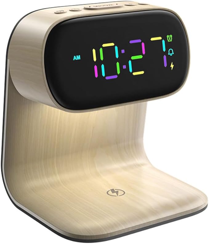 AYI 3in1 Multi-Functional Wireless Charging Alarm Clock Smart Night Light Qi Charger LED Digital Clock Adjustable Light 15W Fast Wireless Charging for All Qi Phone and TWS Headphone Pro Wood Color