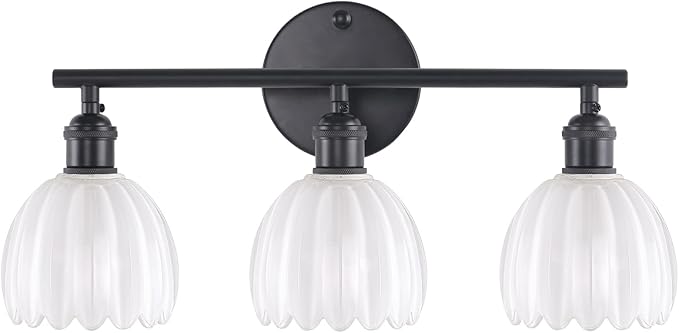 Shenmoyl Bathroom Light Fixtures, 3-Light Black Vanity Wall Light Over Mirror with White Tulip Glass Shade for Bedroom Living Room (Bulb Not Included)