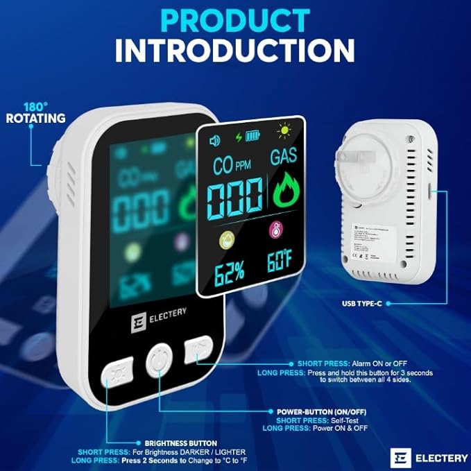Carbon Monoxide Detector Plug in, 4-in-1 Gas and Carbon Monoxide Detectors with Digital Display, Natural Gas Leak Detector for Home RV Kitchen, Dual Alarm 85dB, Temperature Humidity Sensor (2 Pack)