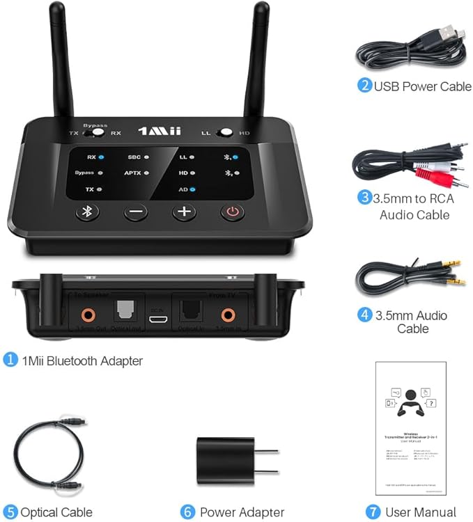 1Mii B03 Bluetooth 5.3 Transmitter Receiver for TV Home Stereo BT Headphones, aptX Low Latency/Adaptive/HD Bluetooth Audio Adapter, Splitter for Wired & Wireless, Optical RCA AUX 3.5mm Inputs/Outputs