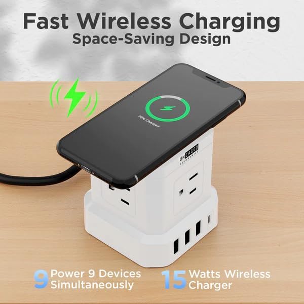 Uncaged Ergonomics Wireless Cube Charger & Power Strip with USB Ports, Surge Protection, 10ft Extension Cord with Wireless Charger, 4 AC Plugs & 3 USB Ports, 1 C Fast Charging with On/Off Switch