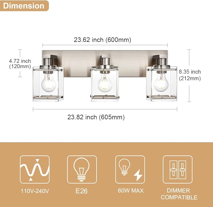 WINSHEN 3-Lights Bathroom Wall Light Fixtures E26 Bulb Base, Brushed Nickel Vanity Lighting Fixtures Over Mirror with Clear Glass Shades for Living Room Hallway Kitchen