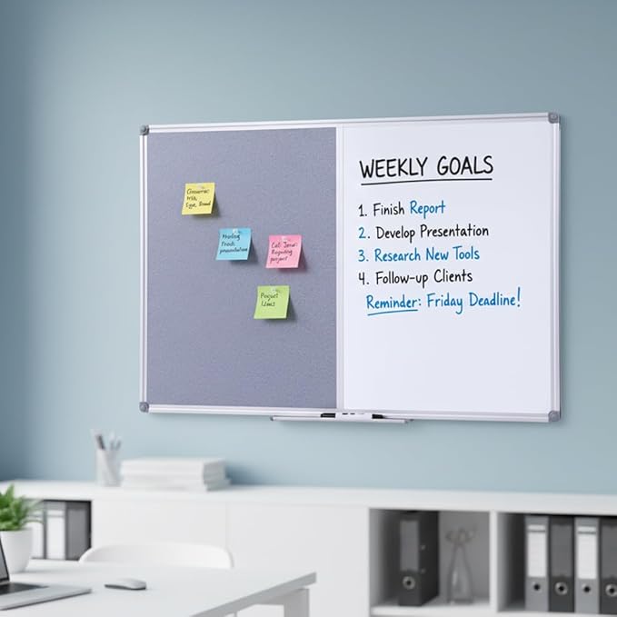 48x36 inch Large Magnetic Combo Board - Dry Erase Whiteboard & Grey Bulletin Board Combination | Framed Corkboard & Magnetic Whiteboard for Office, Classroom, Home | Durable Aluminum Frame