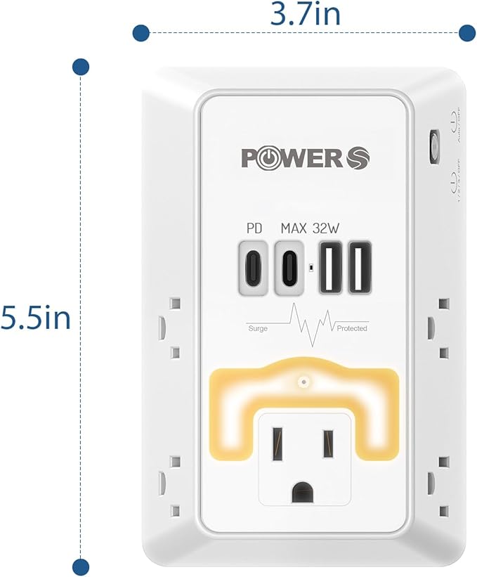 20W PD Fast Charging Wall Outlet with USB Ports (2C2A), Electrical Outlet Extender with Night Light, Surge Protector, Wall Plug Adapter for Multiple Devices, Wall Socket Expander