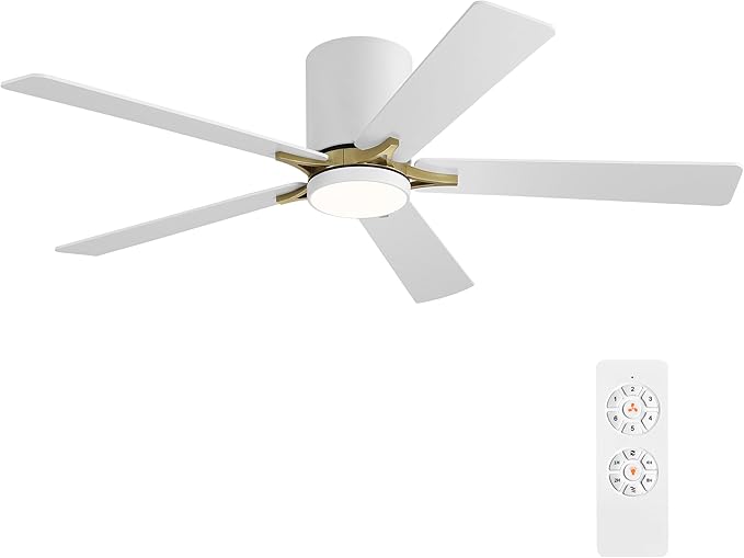 WINGBO 52" DC Flush Mount Ceiling Fan with Lights, 5 Plywood Blades, 6-Speed Reversible DC Motor, 3CCT, Low Profile Hugger Ceiling Fan for Living Room Bedroom Kitchen, White and Brass